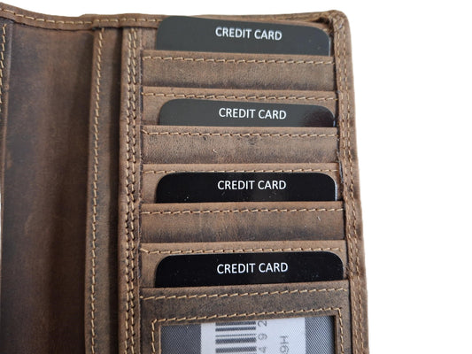 Oi Hunter bruine leren creditcardhouder voor veel pasjes / pasjes mapje groot, hoog, smal model / smalle portefeuille voor veel kaartjes / RFID safe / bruin leer / 589H