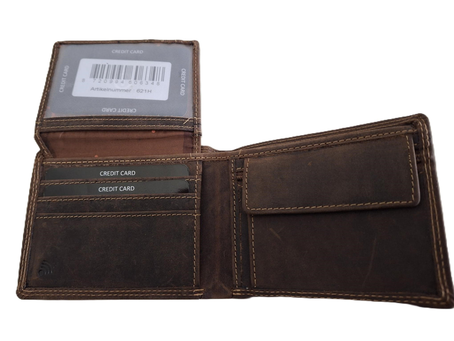 Oi Hunter bruine leren herenportemonneetje met ritsvak voor kleingeld / kleine platte billfold met rits voor munten / compact beursje voor 9 pasjes / RFID safe / bruin leer / 621H