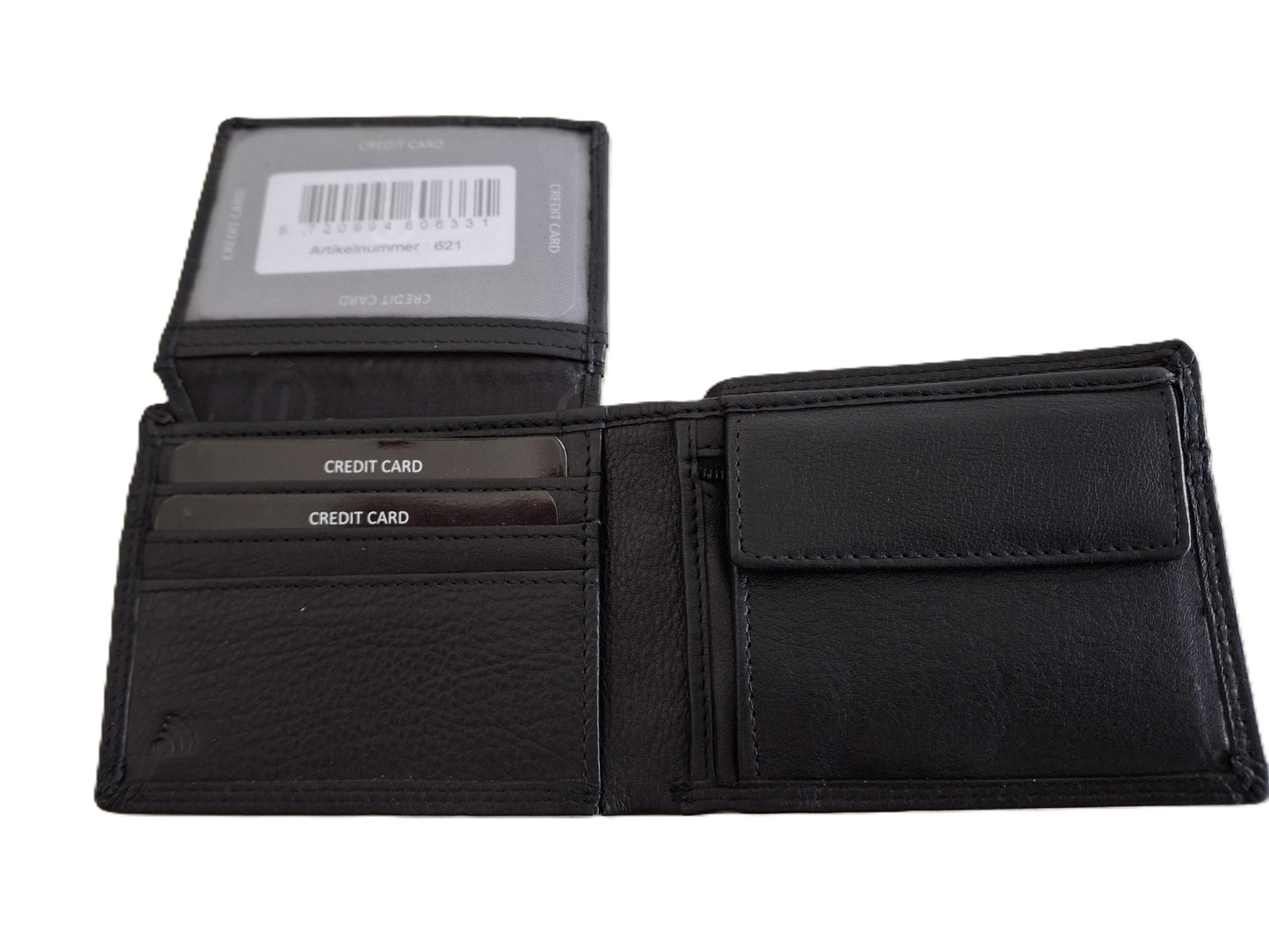 Oi zwarte leren herenportemonneetje met ritsvak voor kleingeld / kleine platte billfold met rits voor munten / compact beursje voor 9 pasjes / RFID safe / zwart leer / 621