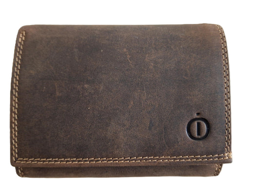 Oi Hunter bruin leren linkshandige damesportemonnee / compact overslagportemonneetje voor linkshandige mensen / klein beursje RFID safe / bruin leer / 577H