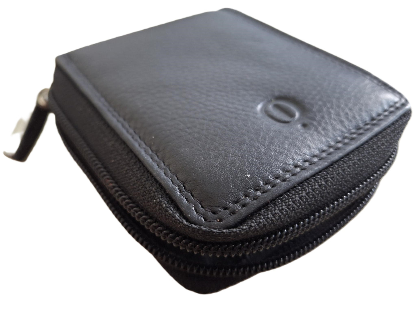 OI zwart leren creditcardhouder uitvouwbaar / kleine rits etui met verticale pasjes waaier voor 9 pasjes / afsluitbare pasjeswaaier zwart leer / beveiligd tegen skimmen /  644