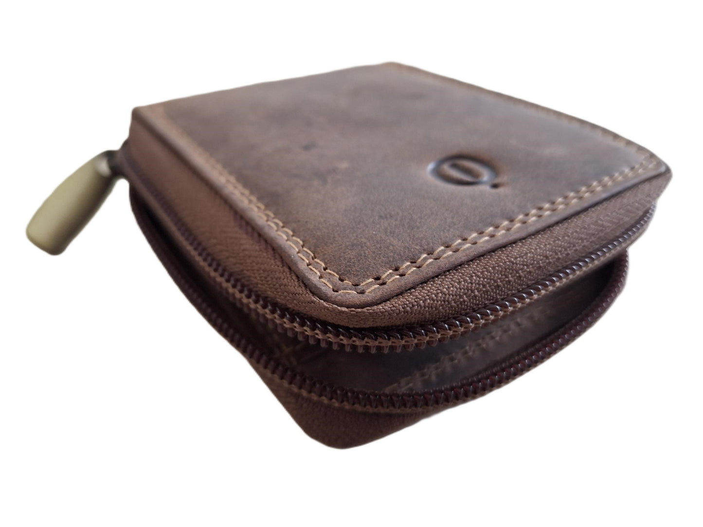 OI Hunter bruine leren creditcardhouder uitvouwbaar / kleine rits etui met verticale pasjes waaier voor 9 pasjes / afsluitbare pasjeswaaier bruin leer / beveiligd tegen skimmen /  644H