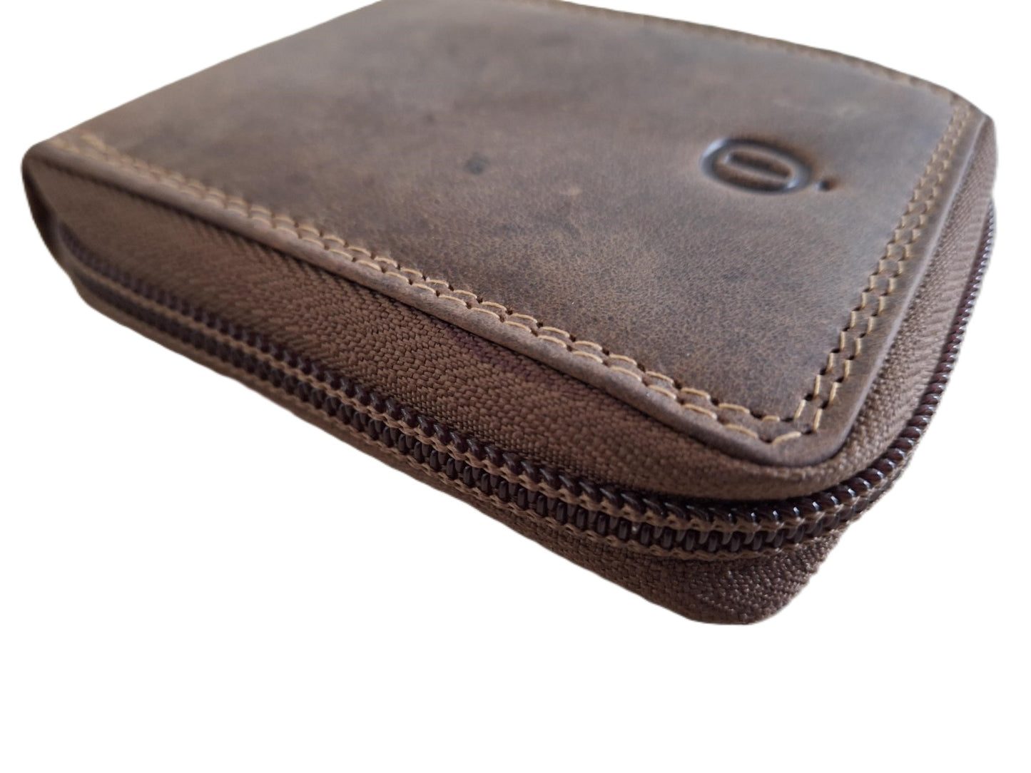 OI Hunter bruine leren creditcardhouder uitvouwbaar / kleine rits etui met verticale pasjes waaier voor 9 pasjes / afsluitbare pasjeswaaier bruin leer / beveiligd tegen skimmen /  644H