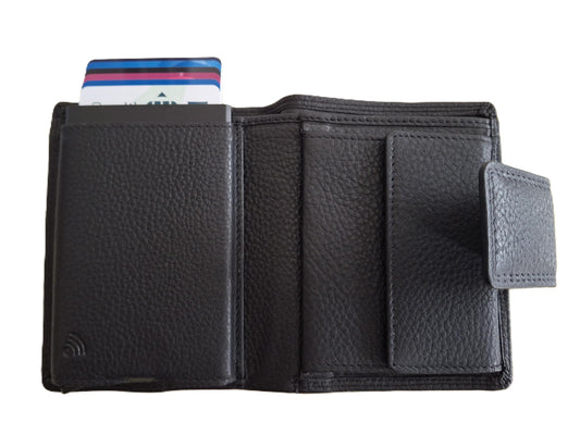 Oi zwarte leren billfold met Cardprotector afsluitbaar / normale portemonnee met Figuretta pasjeshouder en lip om af te sluiten / complete portemonnee met anti skim kastje / leren beurs met metalen pasjeshouder / zwart / 671