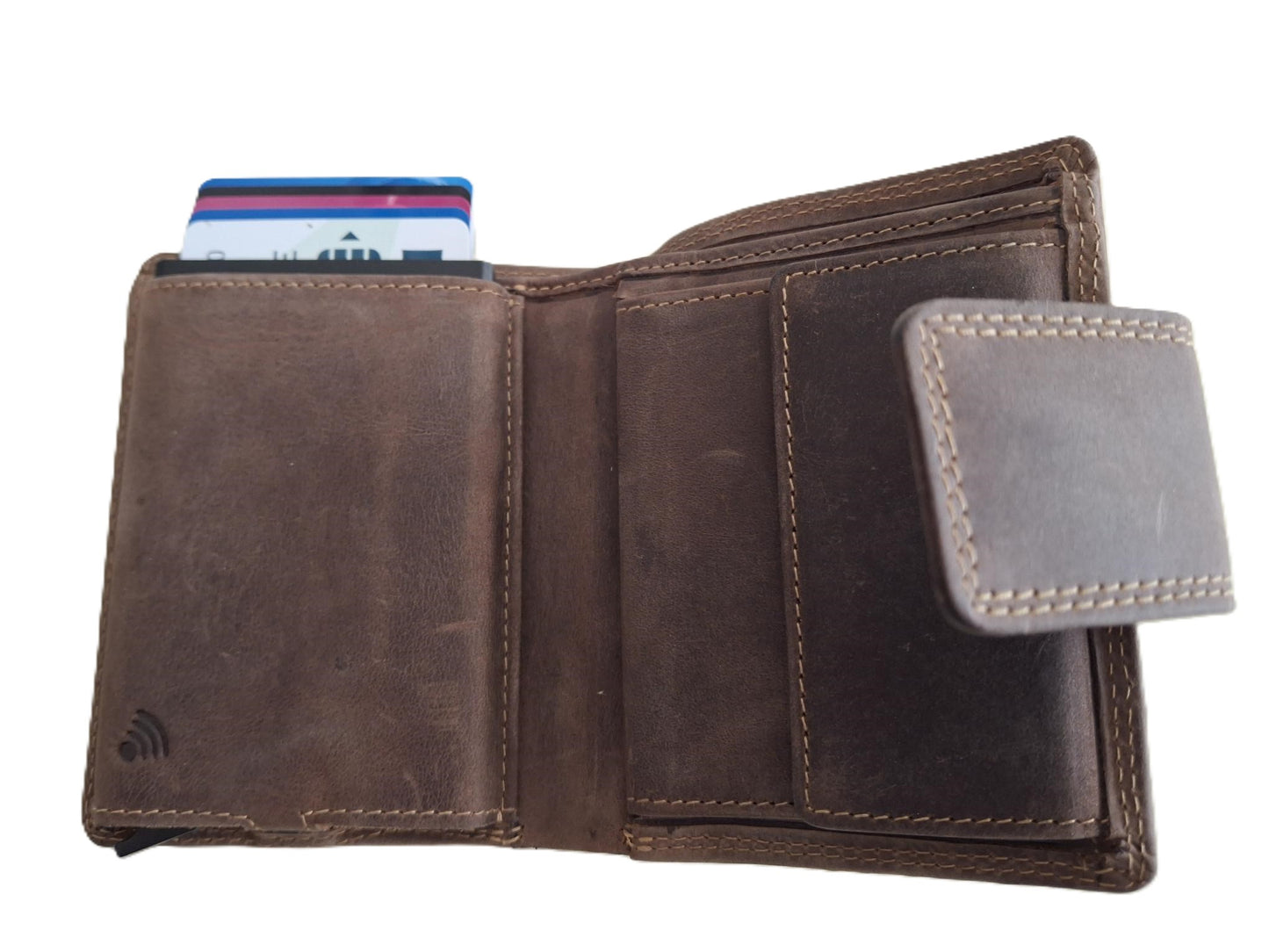 Oi Hunter bruine leren billfold met Cardprotector afsluitbaar / normale portemonnee met Figuretta pasjeshouder en lip om af te sluiten / complete portemonnee met anti skim kastje / leren beurs met metalen pasjeshouder / bruin leer / 671H