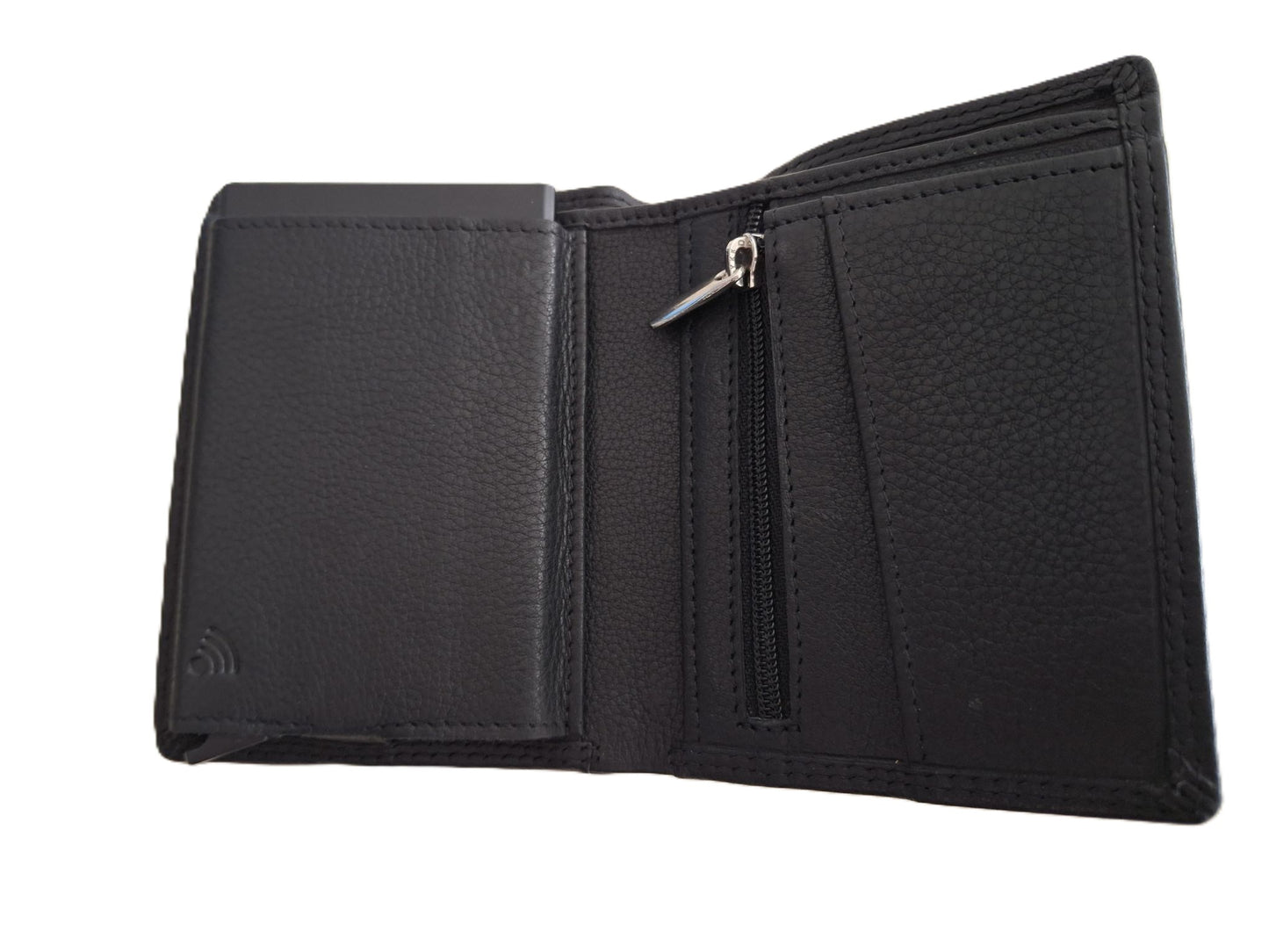 OI zwarte leren billfold met cardprotector en ritsvak voor muntgeld / normale portemonnee met Figuretta pasjeshouder en rits / complete portemonnee met anti skim kastje / leren beurs met metalen pasjeshouder / zwart / 669