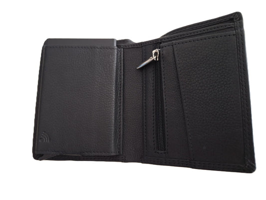 OI zwarte leren billfold met cardprotector en ritsvak voor muntgeld / normale portemonnee met Figuretta pasjeshouder en rits / complete portemonnee met anti skim kastje / leren beurs met metalen pasjeshouder / zwart / 669