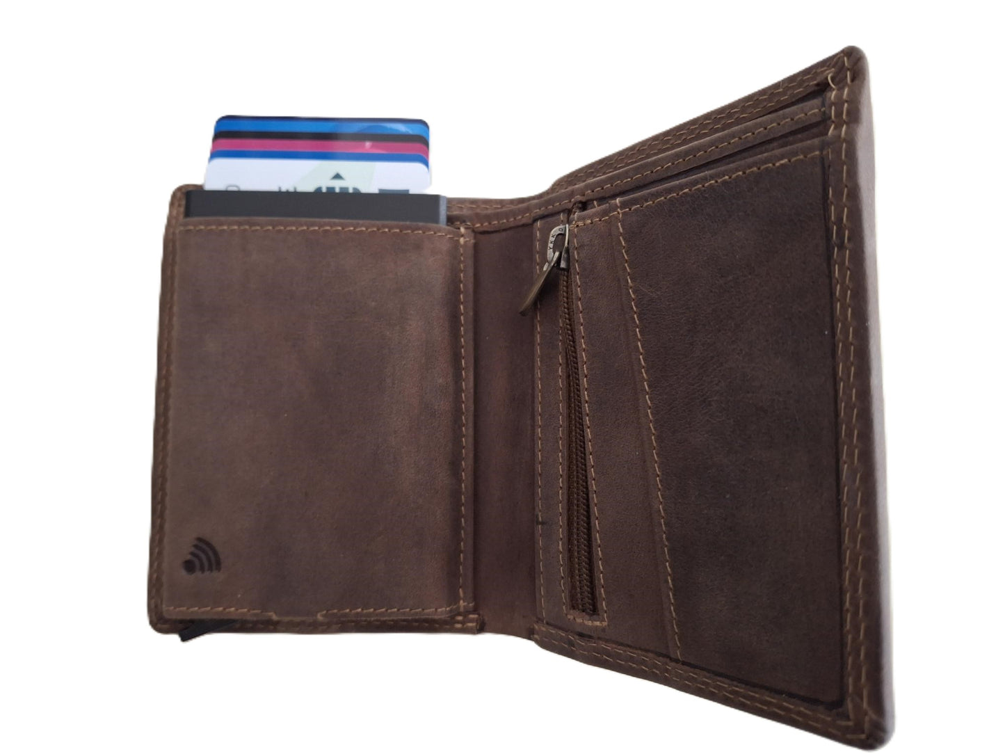 OI Hunter bruine leren billfold met cardprotector en ritsvak voor muntgeld / normale portemonnee met Figuretta pasjeshouder en rits / complete portemonnee met anti skim kastje / leren beurs met metalen pasjeshouder / bruin leer / 669H