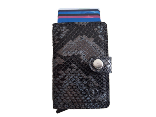 Oi lederen mapje met snake-slangen motief met Cardprotector / kleinste portemonneetje met Figuretta pasjeshouder zonder muntvak / plat lederen beursje met anti skim kastje / leren beursje met metalen pasjeshouder / slangen patroon leer / 670Snake