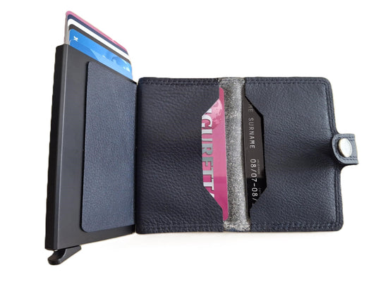 Oi blauw lederen mapje met Cardprotector / kleinste portemonneetje met Figuretta pasjeshouder zonder muntvak / plat lederen beursje met anti skim kastje / leren beursje met metalen pasjeshouder / blauw leer / 670Blue