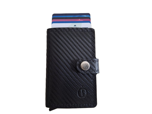 Oi zwart Carbon-look lederen mapje met Cardprotector / kleinste portemonneetje met Figuretta pasjeshouder zonder muntvak / plat lederen beursje met anti skim kastje / leren beursje met metalen pasjeshouder / zwart leer / 670Carbon