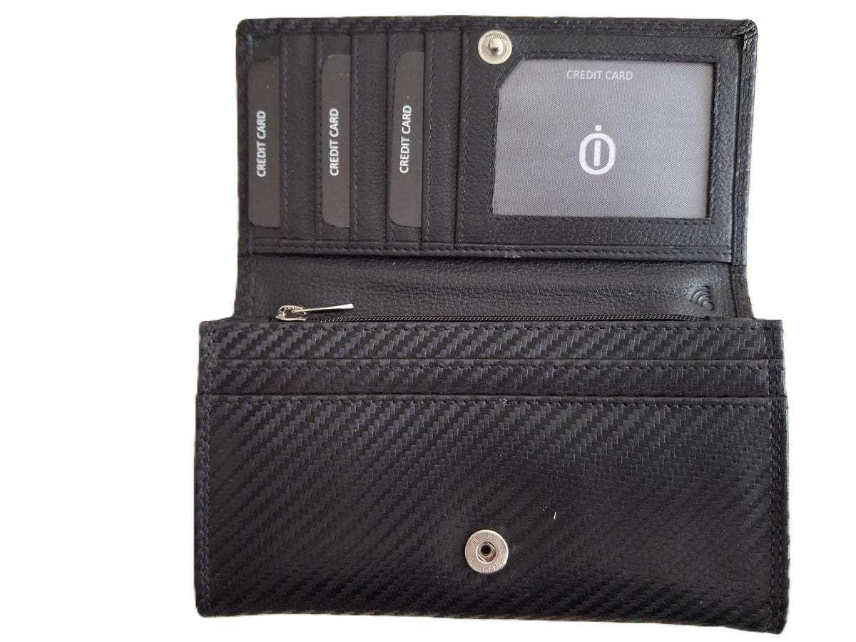 OI zwarte "Carbon-look" leren dames portemonnee met klep / platte huishoudbeurs / lange envelopportemonnee afsluitbaar / RFID protected / zwart met patroontje / 677Carbon