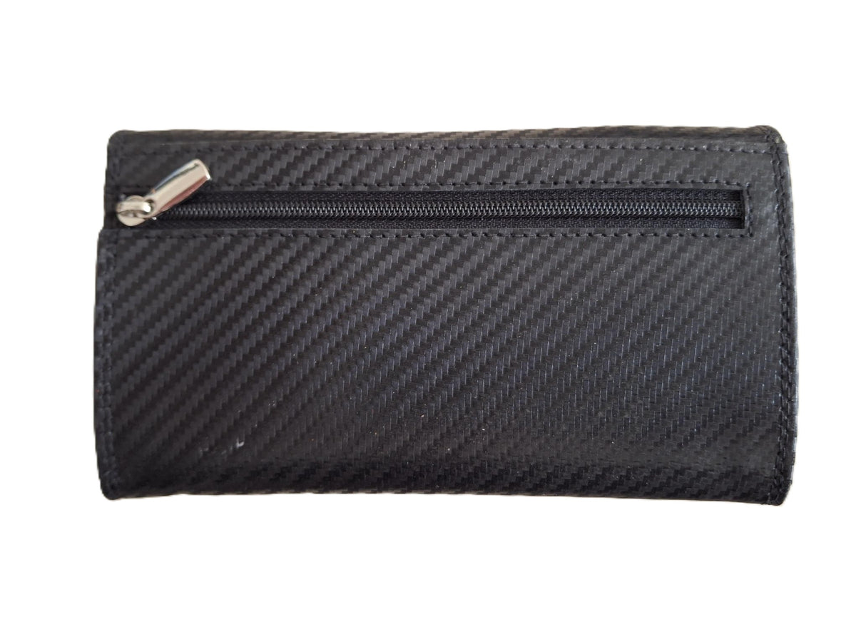 OI zwarte "Carbon-look" leren dames portemonnee met klep / platte huishoudbeurs / lange envelopportemonnee afsluitbaar / RFID protected / zwart met patroontje / 677Carbon