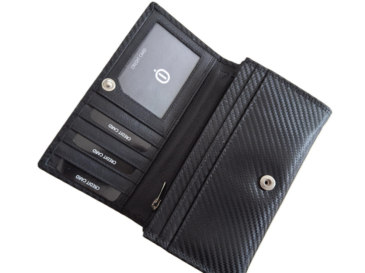 OI zwarte "Carbon-look" leren dames portemonnee met klep / platte huishoudbeurs / lange envelopportemonnee afsluitbaar / RFID protected / zwart met patroontje / 677Carbon
