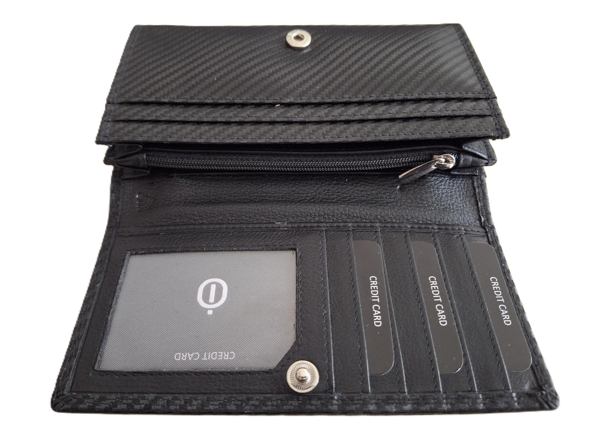 OI zwarte "Carbon-look" leren dames portemonnee met klep / platte huishoudbeurs / lange envelopportemonnee afsluitbaar / RFID protected / zwart met patroontje / 677Carbon