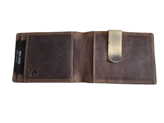 Oi Hunter bruine leren billfold met dollarclip / herenportemonnee met geldklem en ruimte voor pasjes / platte portemonnee zonder kleingeldvak / RFID SAFE / bruin / 681H
