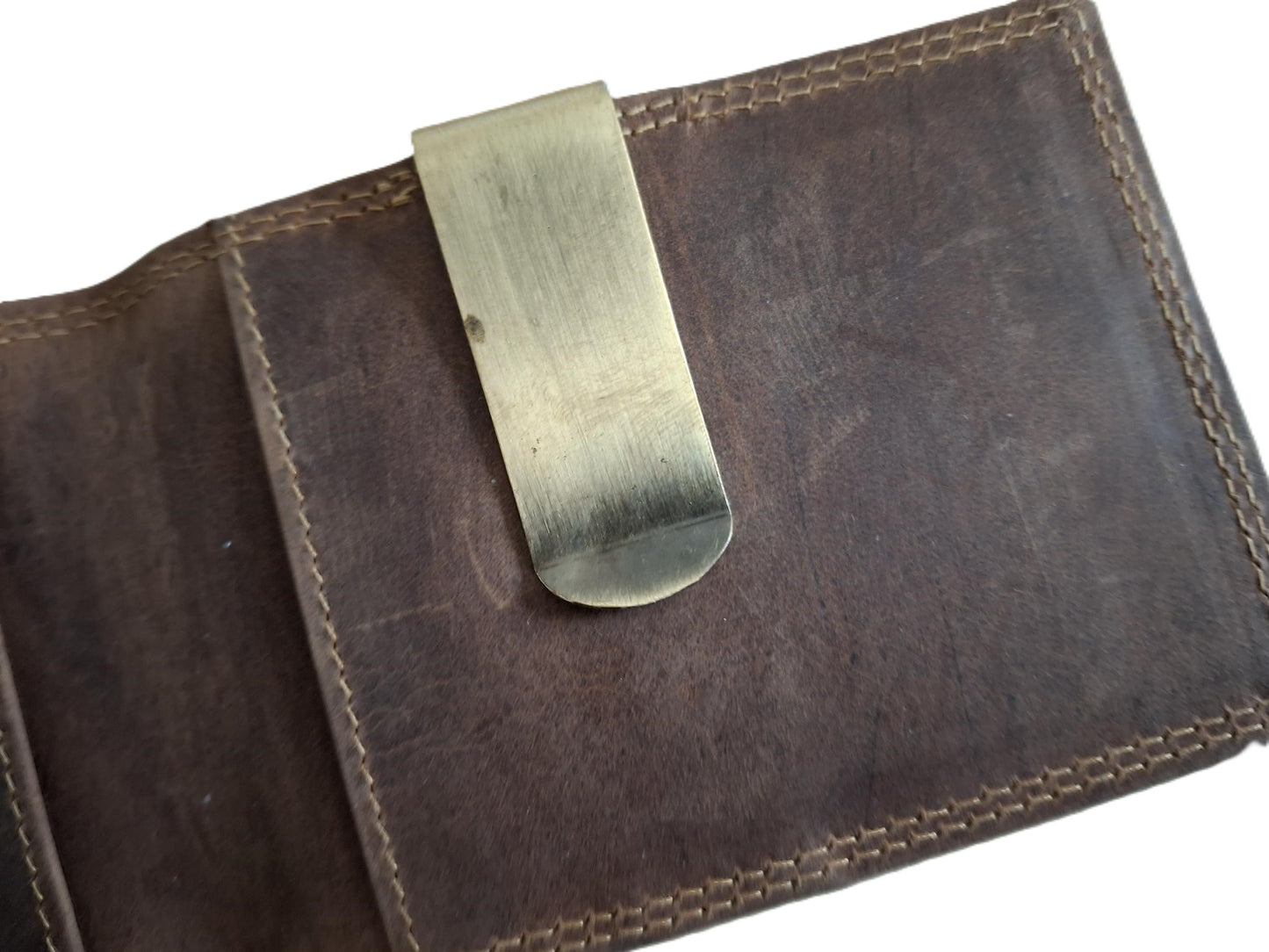 Oi Hunter bruine leren billfold met dollarclip / herenportemonnee met geldklem en ruimte voor pasjes / platte portemonnee zonder kleingeldvak / RFID SAFE / bruin / 681H