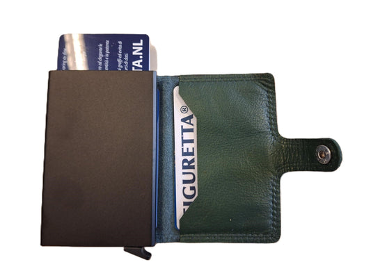 Oi groen lederen mapje met Cardprotector / kleinste portemonneetje met Figuretta pasjeshouder zonder muntvak / plat lederen beursje met anti skim kastje / leren beursje met metalen pasjeshouder / groen leer / 670Green