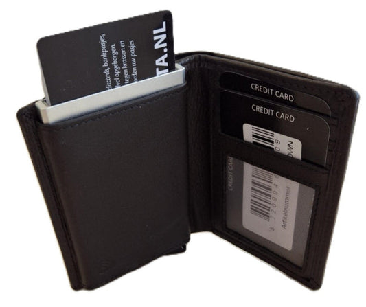 OI bruine leren portemonnee met Figuretta pasjeshouder / Compact portemonneetje met Cardprotector en muntvak / compleet beursje met RFID SAFE kastje / metalen pasjeshouder in anti skim portemonnee / bruin leer / 145BROWN