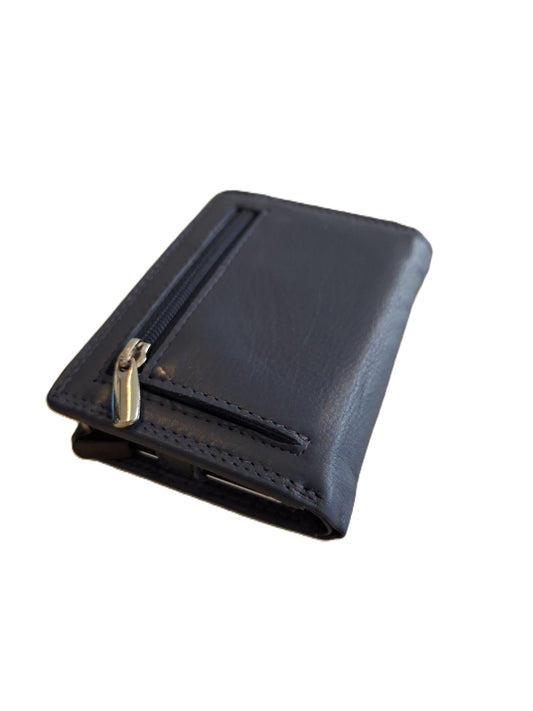 OI blauwe leren portemonnee met Figuretta pasjeshouder en plaats voor klein geld / Compact portemonneetje met Cardprotector en muntvak / compleet beursje met RFID SAFE kastje / metalen pasjeshouder in anti skim portemonnee / blauw leer / 145Blue
