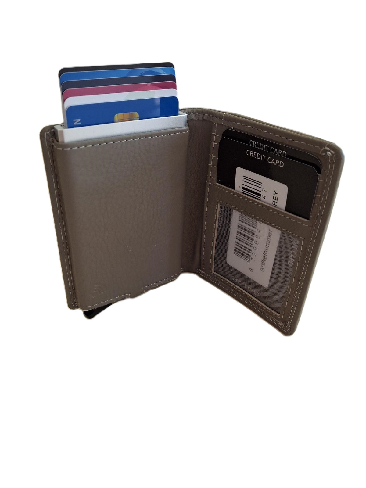 OI grijze leren portemonnee met Figuretta pasjeshouder en plaats voor klein geld / Compact portemonneetje met Cardprotector en muntvak / compleet beursje met RFID SAFE kastje / metalen pasjeshouder in anti skim portemonnee / grijs leer / 145GRAY