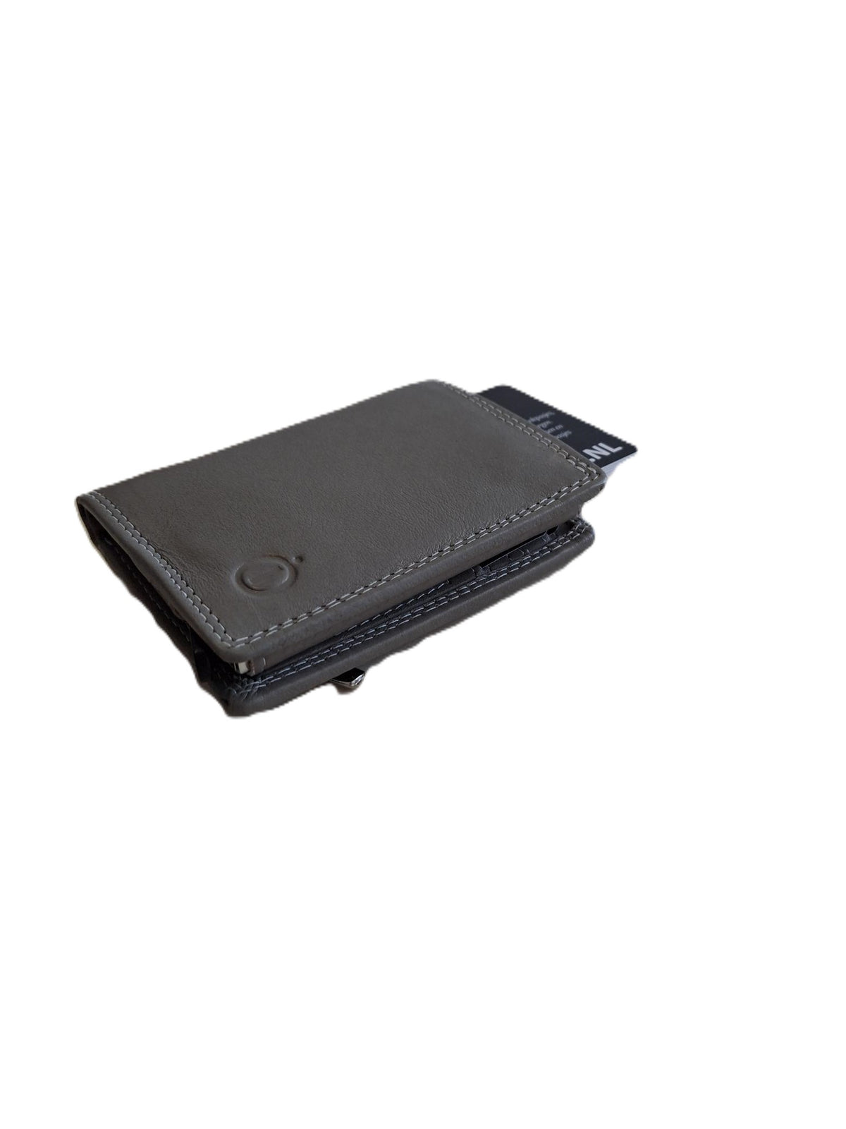 OI grijze leren portemonnee met Figuretta pasjeshouder en plaats voor klein geld / Compact portemonneetje met Cardprotector en muntvak / compleet beursje met RFID SAFE kastje / metalen pasjeshouder in anti skim portemonnee / grijs leer / 145GRAY