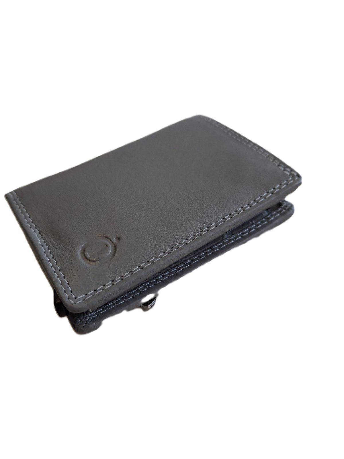 OI grijze leren portemonnee met Figuretta pasjeshouder en plaats voor klein geld / Compact portemonneetje met Cardprotector en muntvak / compleet beursje met RFID SAFE kastje / metalen pasjeshouder in anti skim portemonnee / grijs leer / 145GRAY