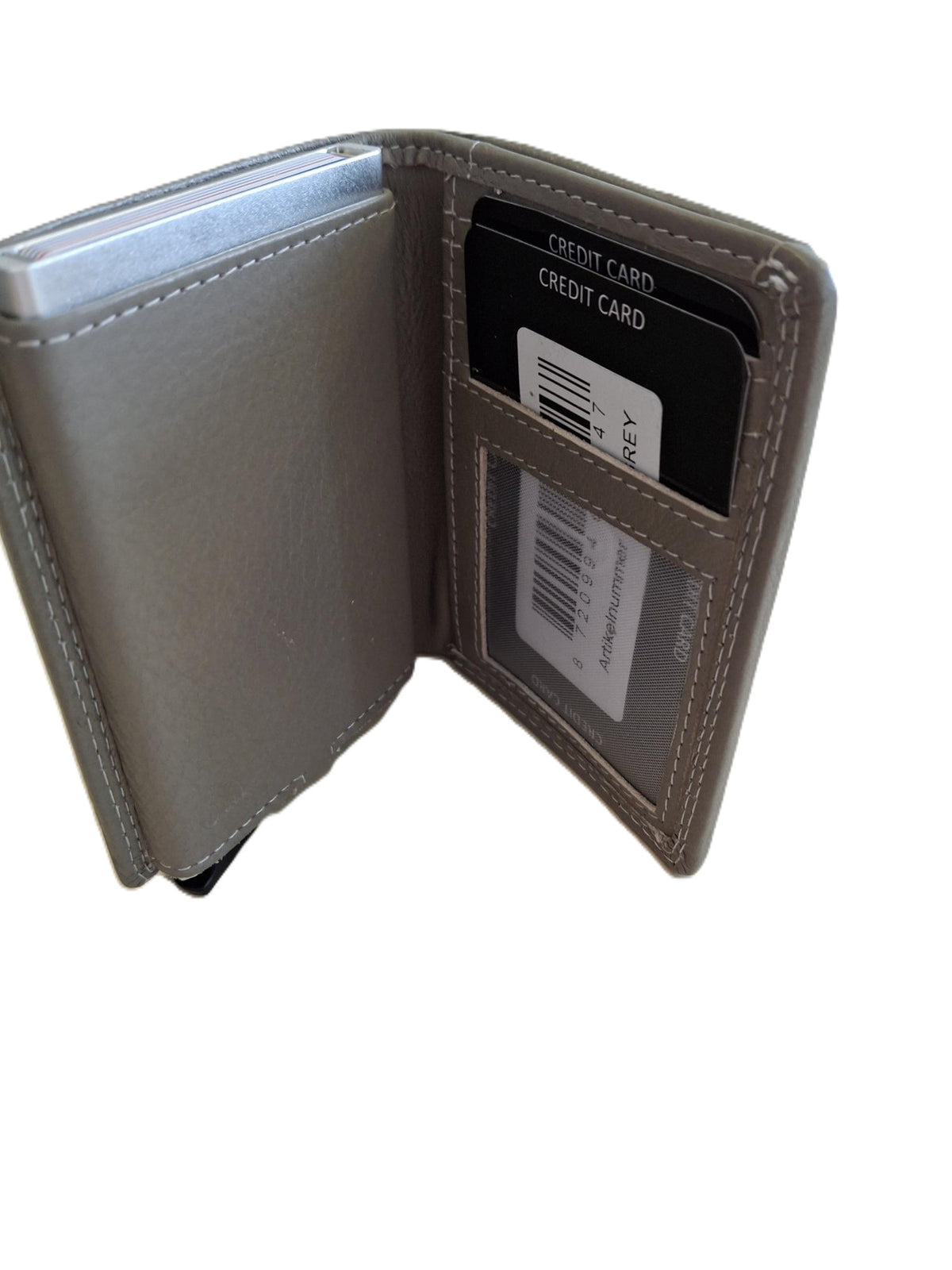 OI grijze leren portemonnee met Figuretta pasjeshouder en plaats voor klein geld / Compact portemonneetje met Cardprotector en muntvak / compleet beursje met RFID SAFE kastje / metalen pasjeshouder in anti skim portemonnee / grijs leer / 145GRAY