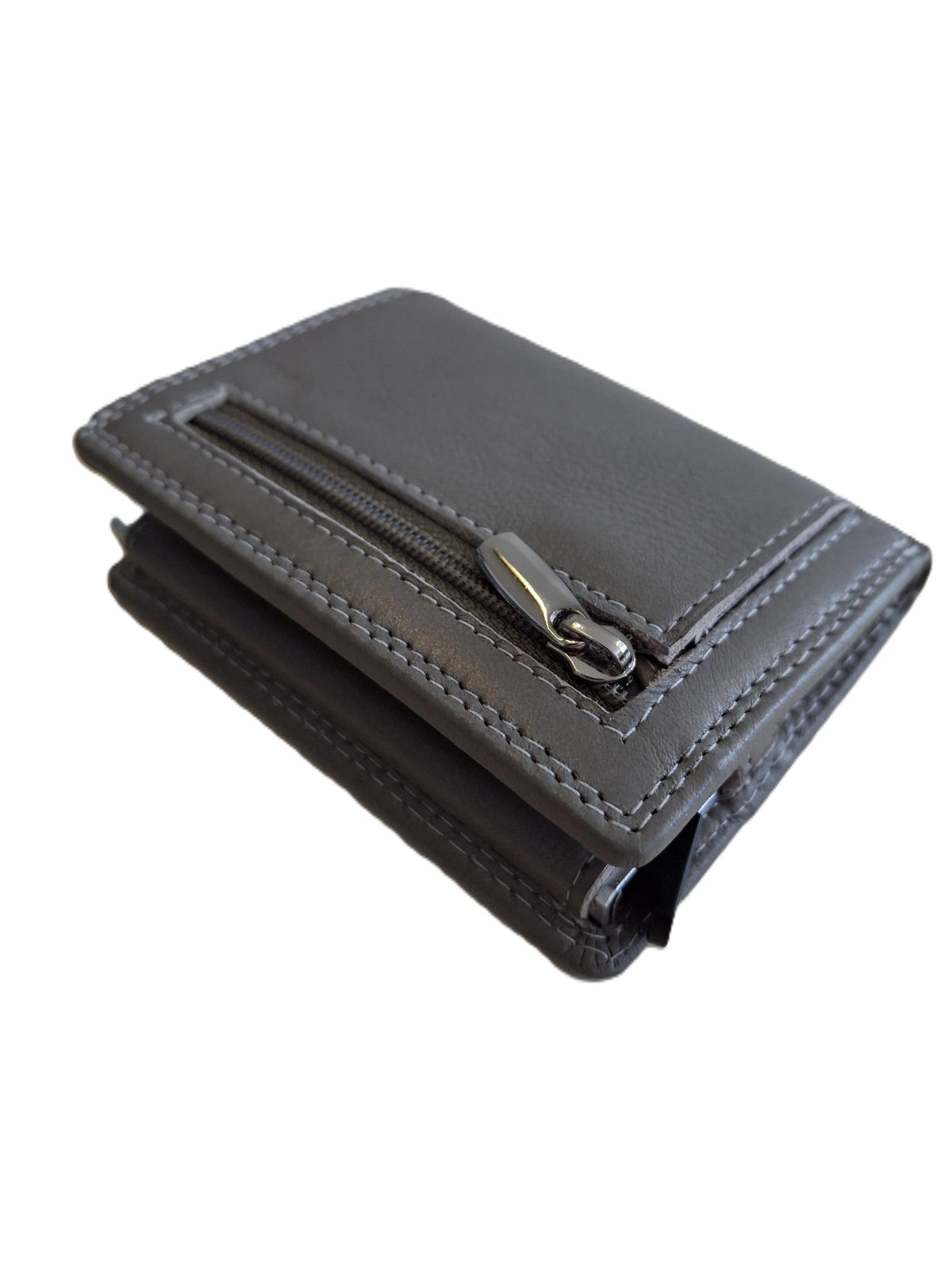 OI grijze leren portemonnee met Figuretta pasjeshouder en plaats voor klein geld / Compact portemonneetje met Cardprotector en muntvak / compleet beursje met RFID SAFE kastje / metalen pasjeshouder in anti skim portemonnee / grijs leer / 145GRAY