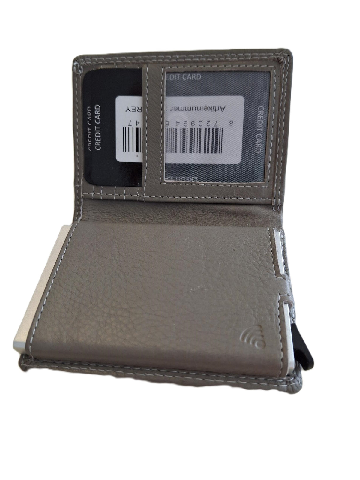 OI grijze leren portemonnee met Figuretta pasjeshouder en plaats voor klein geld / Compact portemonneetje met Cardprotector en muntvak / compleet beursje met RFID SAFE kastje / metalen pasjeshouder in anti skim portemonnee / grijs leer / 145GRAY