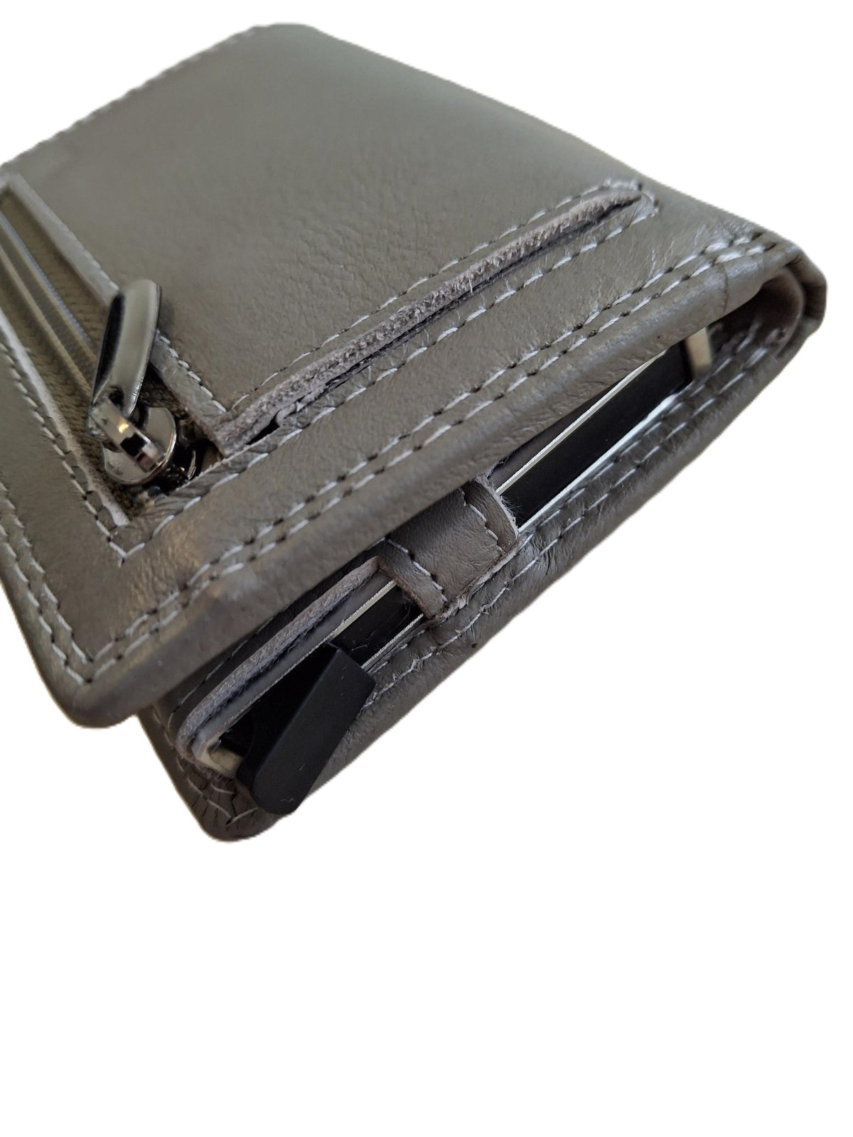 OI grijze leren portemonnee met Figuretta pasjeshouder en plaats voor klein geld / Compact portemonneetje met Cardprotector en muntvak / compleet beursje met RFID SAFE kastje / metalen pasjeshouder in anti skim portemonnee / grijs leer / 145GRAY