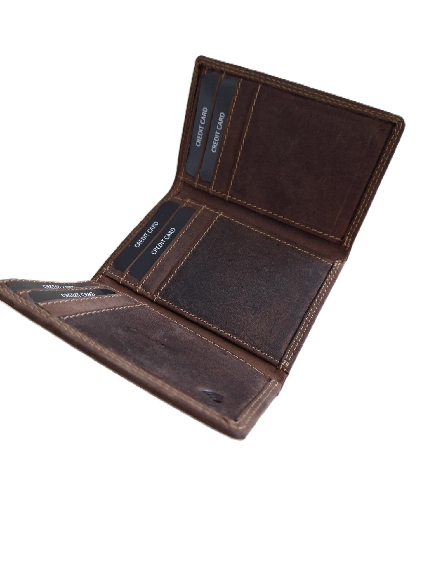 Oi Hunter bruine leren Trifold wallet / Drieluik portemonnee met ruimte voor veel pasjes en biljetten / platte beurs hoog model zonder muntvak / RFID SAFE / bruin leer / 683H