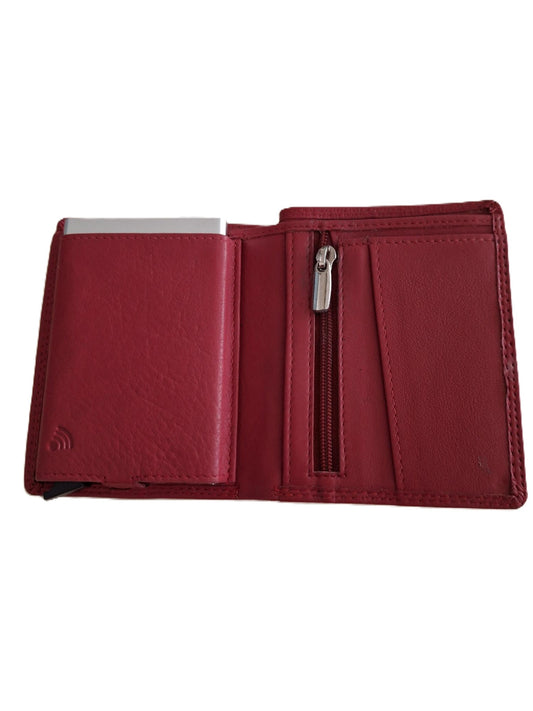 OI rode leren billfold met cardprotector en ritsvak voor muntgeld / normale portemonnee met Figuretta pasjeshouder en rits / complete portemonnee met anti skim kastje / leren beurs met metalen pasjeshouder / rood / 669R