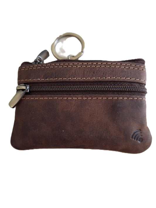Oi Hunter bruine leren Sleuteletui small / klein sleutelbeursje / sleutelhoesje 3 ritjes / soepel kleingeld buideltje met sleutelring / bruin leer / 665H