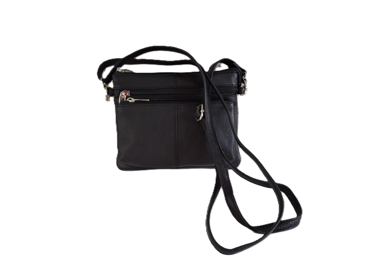 Oi zwart leren damestasje Tineke / plat praktisch schoudertasje met veel ritsen / festivaltasje compact ook cross te dragen / zwart leer / 662