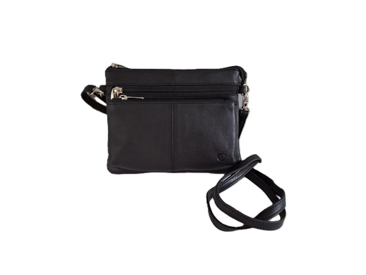 Oi zwart leren damestasje Tineke / plat praktisch schoudertasje met veel ritsen / festivaltasje compact ook cross te dragen / zwart leer / 662