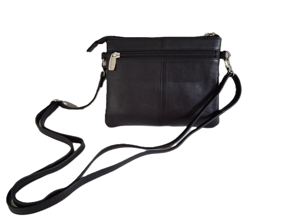 Oi zwart leren damestasje Tineke / plat praktisch schoudertasje met veel ritsen / festivaltasje compact ook cross te dragen / zwart leer / 662