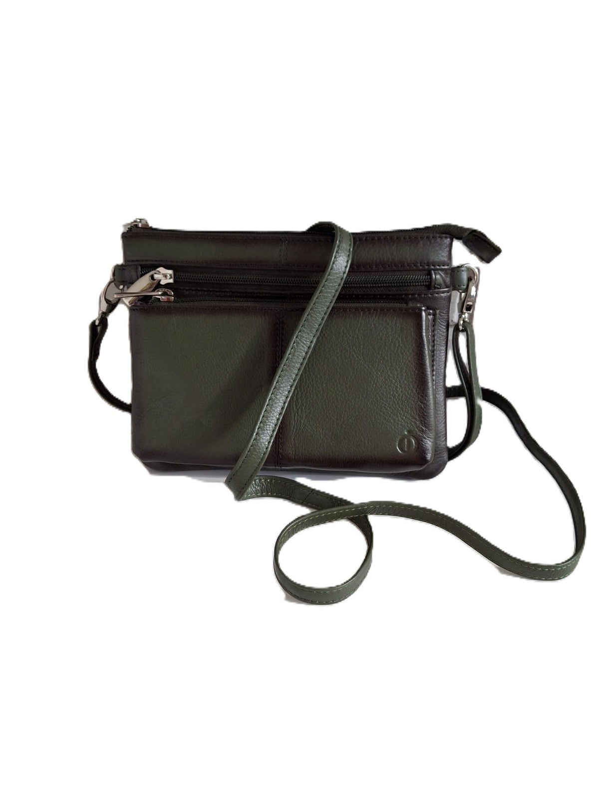 Oi groen leren damestasje Tineke met Burnt Edges / plat praktisch schoudertasje met veel ritsen / festivaltasje compact ook cross te dragen / groen leer met Burned Edges / 662GREEN BE