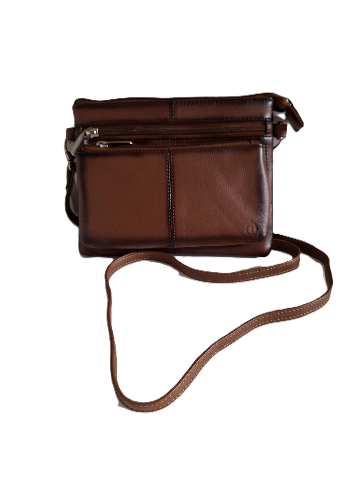 Oi cognac bruin leren damestasje Tineke met Burnt Edges / plat praktisch schoudertasje met veel ritsen / festivaltasje compact ook cross te dragen / Camelkleurig leer met Burned Edges / 662TAN BE