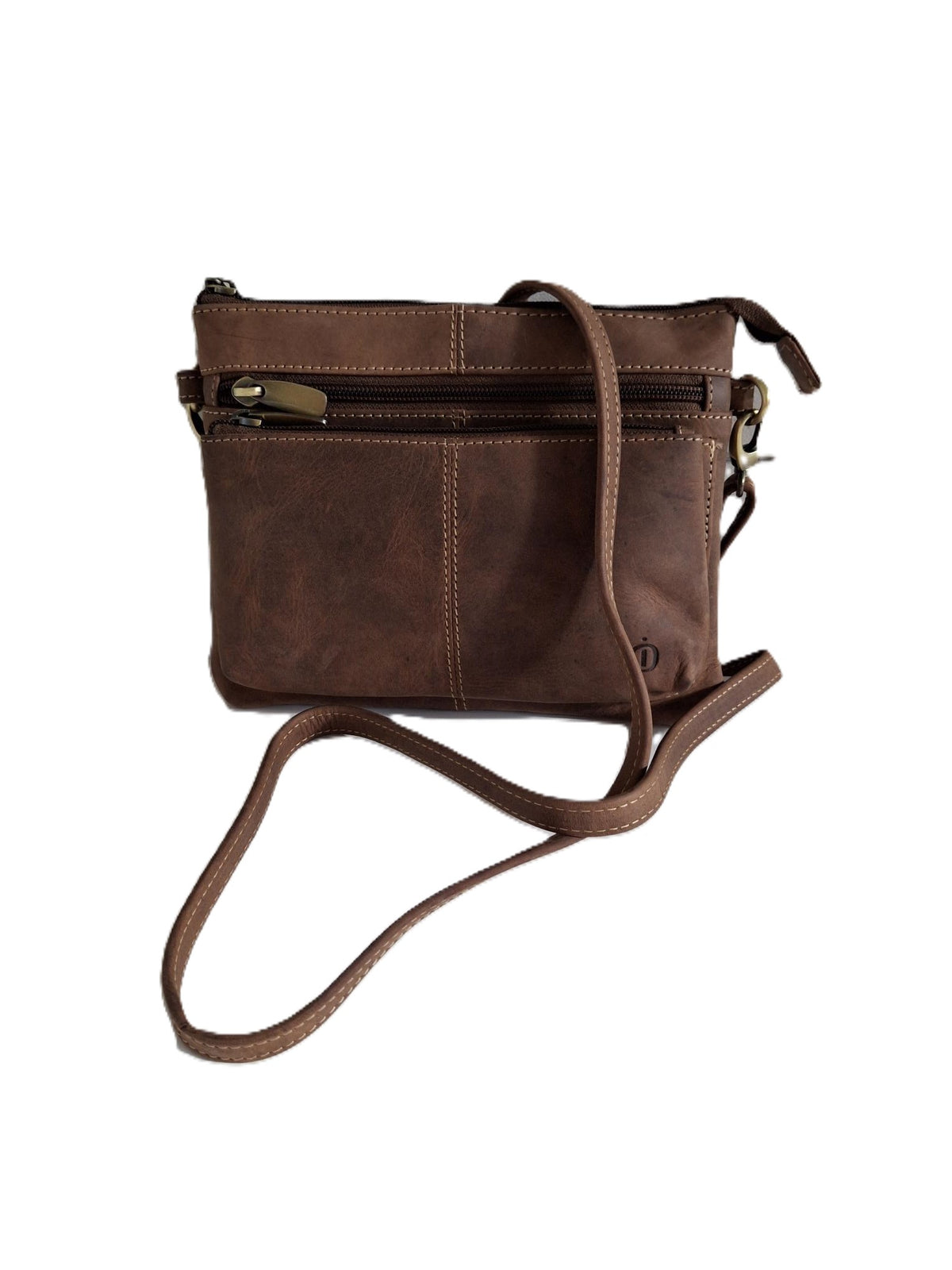 Oi Hunter bruin leren damestasje Tineke / plat praktisch schoudertasje met veel ritsen / festivaltasje compact ook cross te dragen / bruin leer / 662H