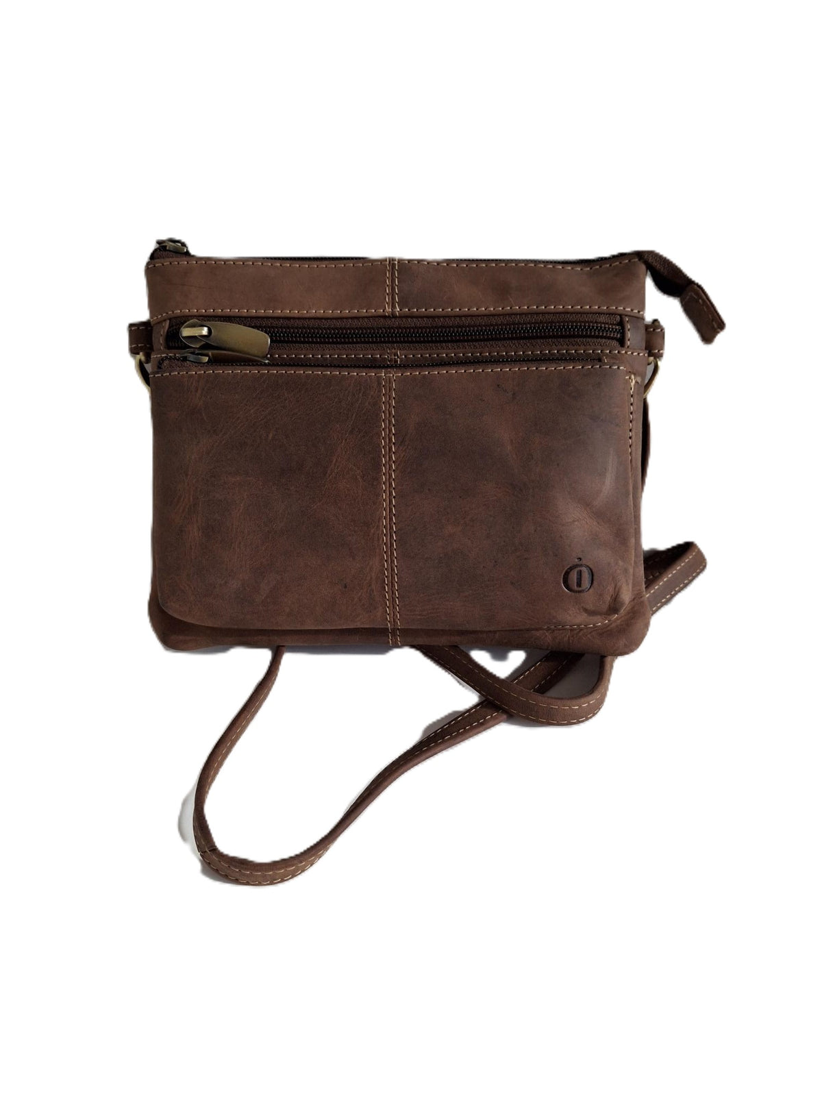Oi Hunter bruin leren damestasje Tineke / plat praktisch schoudertasje met veel ritsen / festivaltasje compact ook cross te dragen / bruin leer / 662H