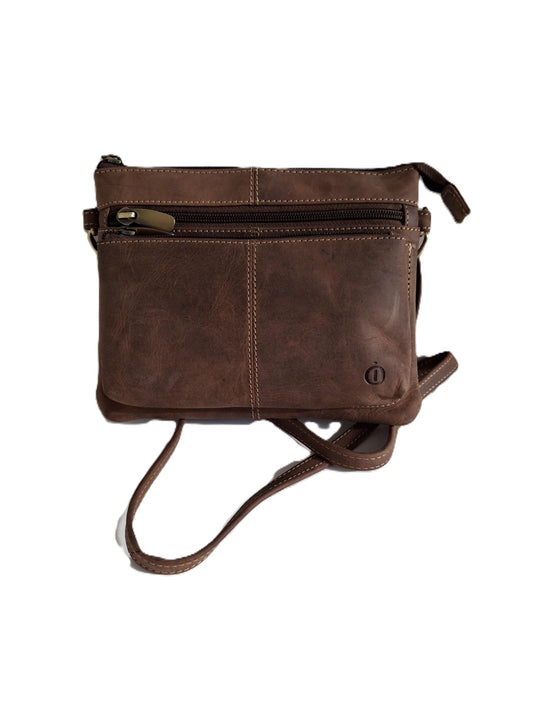 Oi Hunter bruin leren damestasje Tineke / plat praktisch schoudertasje met veel ritsen / festivaltasje compact ook cross te dragen / bruin leer / 662H