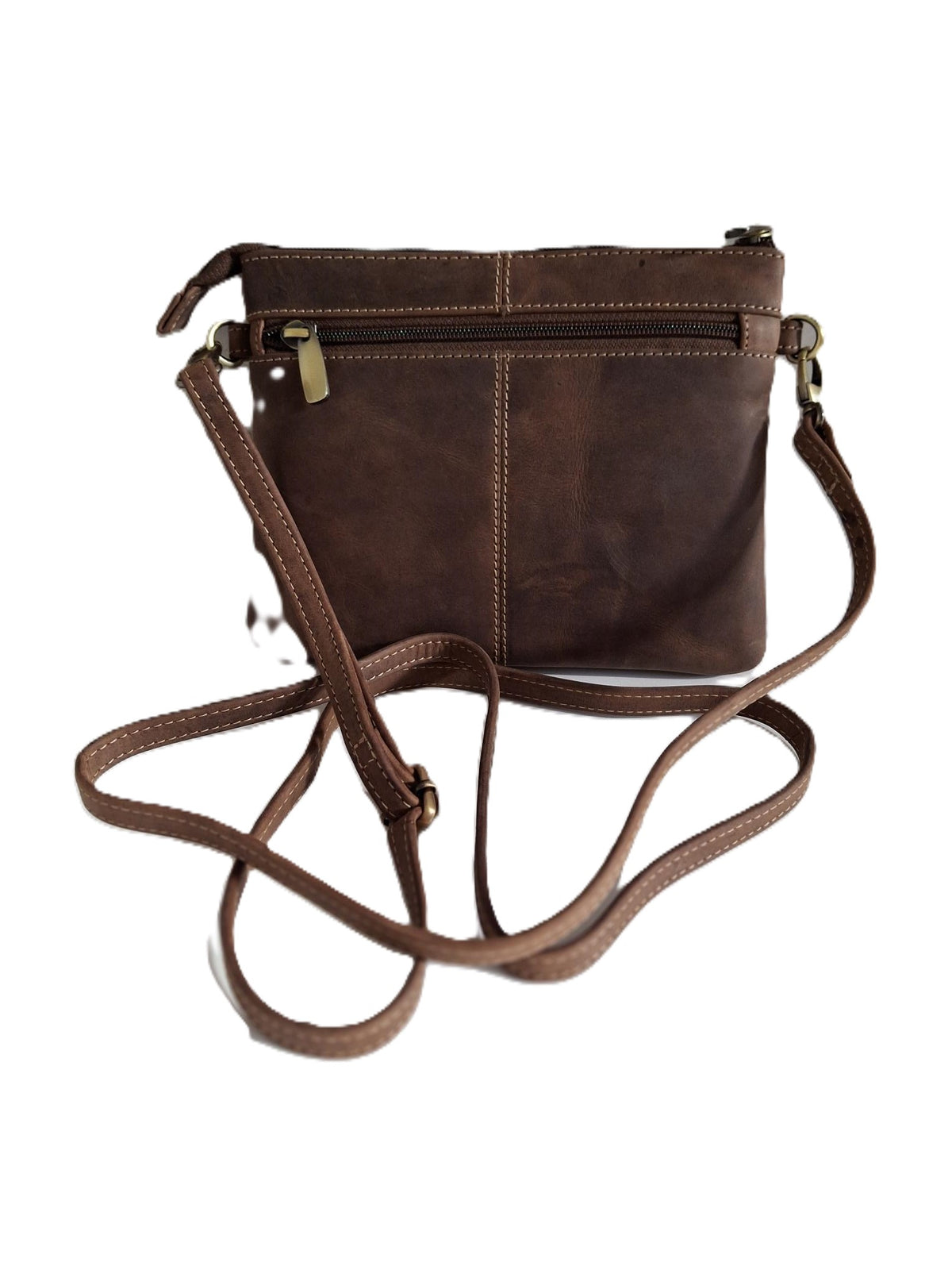 Oi Hunter bruin leren damestasje Tineke / plat praktisch schoudertasje met veel ritsen / festivaltasje compact ook cross te dragen / bruin leer / 662H