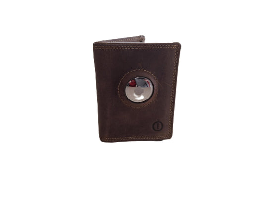 OI Hunter bruine leren portemonnee met Figuretta pasjeshouder en ruimte voor AIR TAG / Compact portemonneetje met Cardprotector zonder muntvak met ruimte voor ronde tracker / plat beursje met RFID SAFE kastje / bruin leer / 145HN AIR