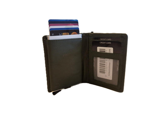 OI donker groene leren portemonnee met Figuretta pasjeshouder en plaats voor klein geld / Compact portemonneetje met Cardprotector en muntvak / compleet beursje met RFID SAFE kastje / metalen pasjeshouder in anti skim portemonnee / groen leer / 145GREEN