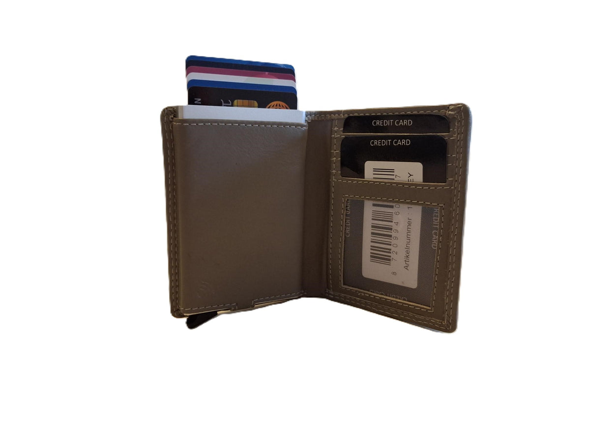 OI grijze leren portemonnee met Figuretta pasjeshouder en plaats voor klein geld / Compact portemonneetje met Cardprotector en muntvak / compleet beursje met RFID SAFE kastje / metalen pasjeshouder in anti skim portemonnee / grijs leer / 145GRAY