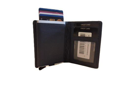 OI blauwe leren portemonnee met Figuretta pasjeshouder en plaats voor klein geld / Compact portemonneetje met Cardprotector en muntvak / compleet beursje met RFID SAFE kastje / metalen pasjeshouder in anti skim portemonnee / blauw leer / 145Blue