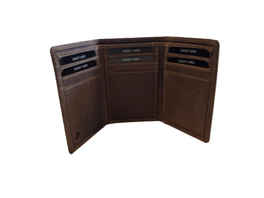 Oi Hunter bruine leren Trifold wallet / Drieluik portemonnee met ruimte voor veel pasjes en biljetten / platte beurs hoog model zonder muntvak / RFID SAFE / bruin leer / 683H