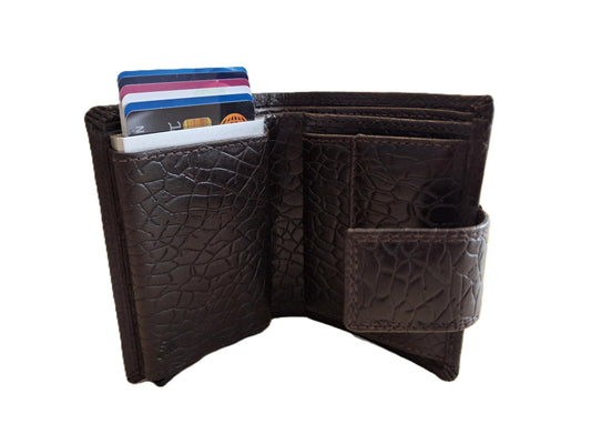 Oi donker bruine "Kroko-look" leren billfold met Cardprotector afsluitbaar / normale portemonnee met Figuretta pasjeshouder en lip om af te sluiten / leren beurs met metalen anti skim pasjeshouder / bruin leer / 671Brown Bubbels