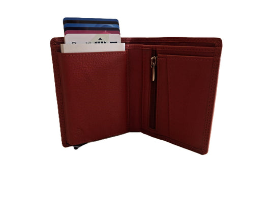 OI rode leren billfold met cardprotector en ritsvak voor muntgeld / normale portemonnee met Figuretta pasjeshouder en rits / complete portemonnee met anti skim kastje / leren beurs met metalen pasjeshouder / rood / 669R